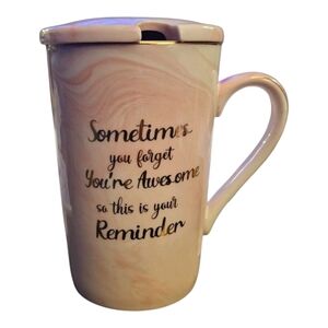 "Don't Forget You're Awesome" Pink Marbled Swirl Coffee Mug W/Lid Gold Rimmed